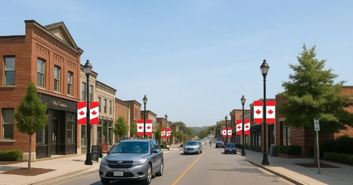 Canadian flags displayed on lampposts along a small town main street.